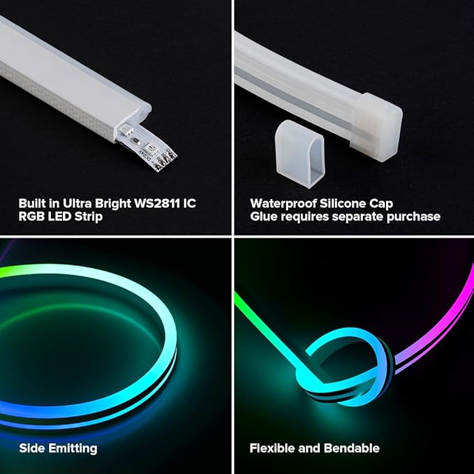 BTF-LIGHTING WS2811 IC RGB Chasing Color Side Emitting Neon Light 9.8FT DC24V 54IC 108LED/m T0615 IP67 Waterproof Flexible Addressable Rope LED Strip for Indoor DIY Decor (No Adapter or Controller)
