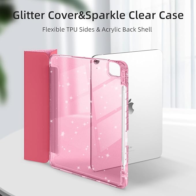 Case for iPad Air 13 Inch (M3 / M2, 2025/2024) & iPad Pro 12.9 6/5th Gen (2022/2021), Glittering Sparkly Cover with Shiny Clear Back Shell, Trifold Stand Case with Pencil Holder, Pink