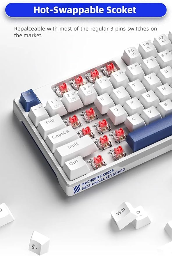 Machenike K500B-B87 75% TKL Mechanical Wired Gaming Keyboard, 87 Keys Compact Hot Swappable Linear Red Switch with Number Pad, Dynamic RGB Backlit, Anti-Ghosting, Double-Shot PBT Keycaps, White/Blue