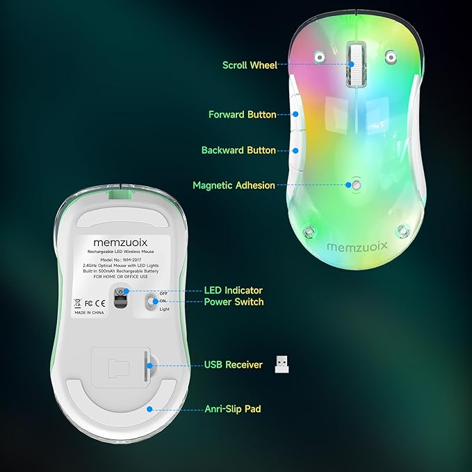 memzuoix 2.4G LED Wireless Mouse, Rechargeable Ergonomic Mouse with Detachable Cover, 1400 DPI Portable Optical Computer Mouse with USB Receiver for Laptop, PC, Desktop and MacBook, 5 Buttons-Green