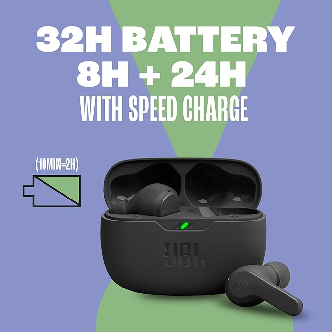 JBL Vibe Beam - True Wireless JBL Deep Bass Sound Earbuds, Bluetooth 5.2, Water & Dust Resistant, Hands-free call with VoiceAware, Up to 32 hours of battery life (Mint)