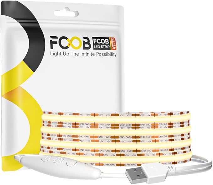 USB LED Light Strip 6.56FT, 5 Volt USB Powered Dimmable COB LED Tape Lights, 6000K Daylight White 8mm High Density Flexible Strips CRI90+ for TV Backlight Under Cabinet Lighting Bedroom Kitchen