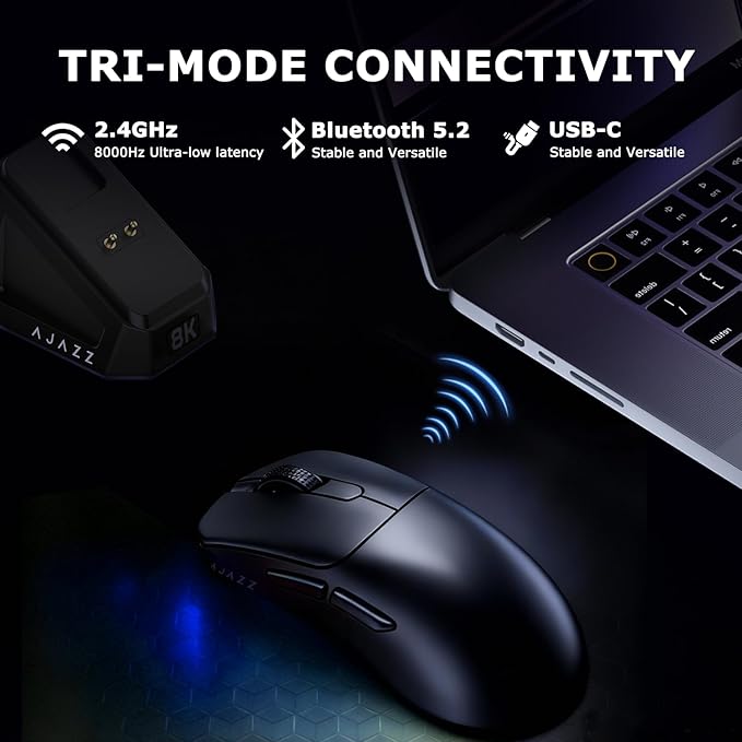 AJ179PRO PAW3395 26000 DPI Gaming Mouse, 8000Hz Polling Rate, 58g Ultra-Light, Tri-Mode (2.4G/Wired/Bluetooth 5.2), Magnetic RGB Charging Dock, Ergonomic Right-Hand Design, Black