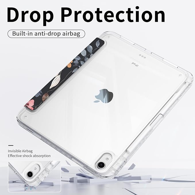 Slim Case for iPad Air 11 Inch M3 (2025)/ M2 (2024), iPad Air 10.9" 5th/4th Generation Case 2022/2020 with Pencil Holder, Trifold Stand Protective Clear Back Cover, Black Flowers