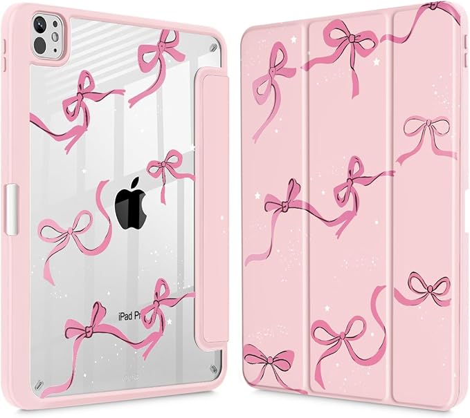 May Chen Case for iPad Pro 11-Inch M5/M4 2025/2024 (6th/5th Generation), Clear Transparent Print Back Shell Slim Stand Shockproof Tablet Cover, Auto Wake/Sleep, Pink Bows