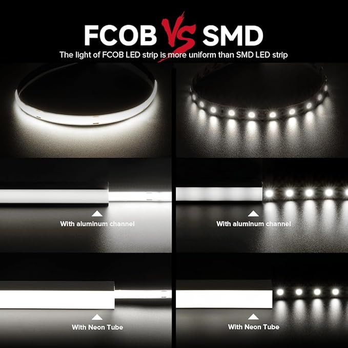 BTF-LIGHTING FCOB COB LED Strip Flexible High Density Uniform Light 9W/m 16.4FT DC12V Daylight White 5000K 480LEDs/m CRI 90+ 8mm Width Dimmable LED Ribbon for Indoor Decor(No Adapter or Controller)