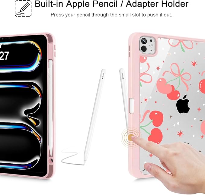 May Chen for iPad Pro 13 Inch Case M5 2025 / M4 2024, Built Pencil Holder & Clear Transparent Print Back Shell Slim Stand Shockproof Tablet Cover, Auto Wake/Sleep, Coquette Cherry