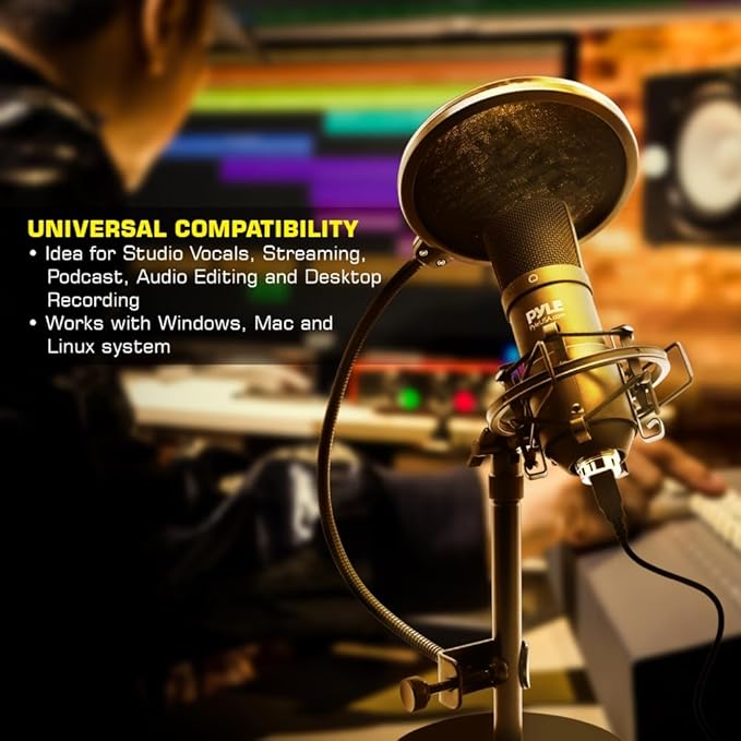 USB Microphone Podcast Recording Kit - Audio Cardioid Condenser Mic w/Desktop Stand and Pop Filter - for Gaming PS4, Streaming, Podcasting, Studio, YouTube, Works w/Windows Mac PC - Pyle PDMIKT120