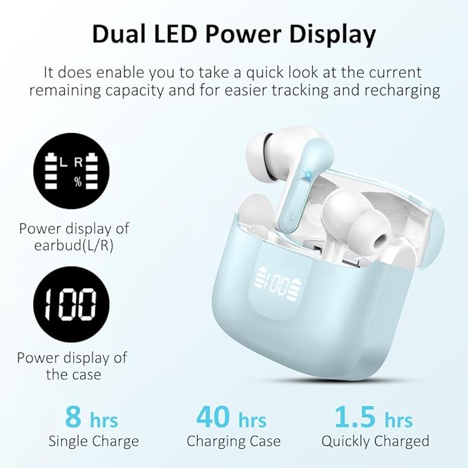 Wireless Earbud, Bluetooth Headphones 5.3 NEW 40H Ear Buds Bass Stereo Earphones Noise Cancelling Earbud with 4 ENC Mic in-Ear Bluetooth Earbud USB-C LED Display IP7 Waterproof Sport for Android iOS