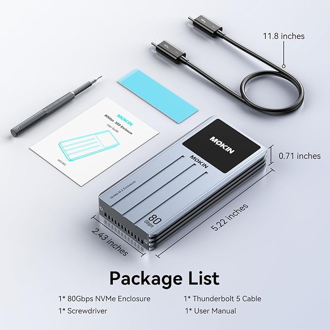 MOKiN 80Gbps M.2 NVMe SSD Enclosure with LCD Display, Cooling Fan, PCIe Gen5, M.2 Enclosure Compatible with Thunderbolt 5/4/3 & USB4/3.1/3/2, Supports NVMe 2280/2260/2242/2230 SSDs up to 8TB