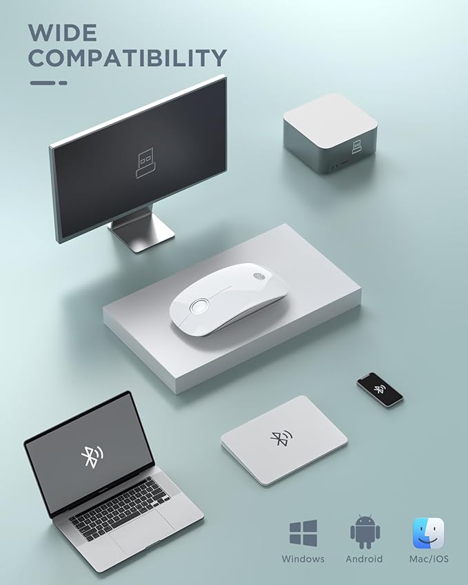 RAPIQUE Bluetooth Wireless Mouse - (BT5.1+USB) Slim Dual Mode Computer Mice with Quiet Click, Low Power, and 1600 DPI, Portable Cordless for MacBook, Laptop, iPad Pro/Air, Chromebook (White)