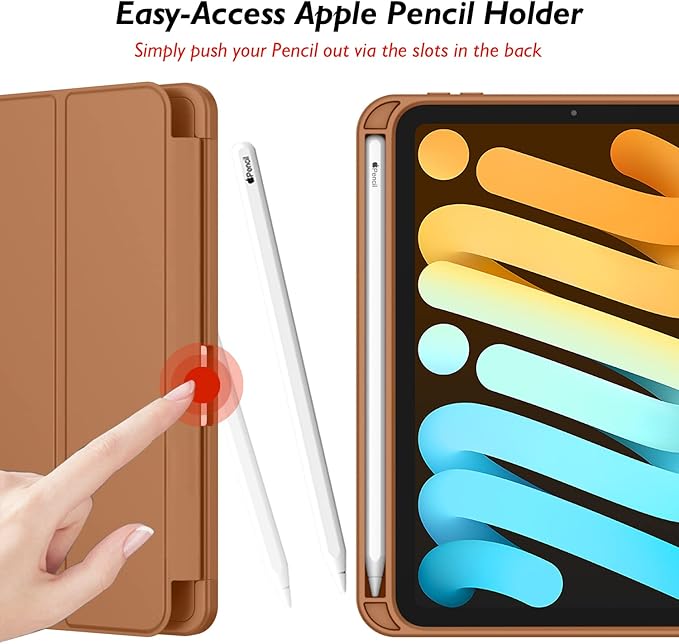 iMieet iPad mini 7 Case 2024 (A17 Pro), iPad mini 6 Case (8.3-Inch,2021 Model), iPad mini 7th/6th Generation Case with Pencil Holder, Trifold Stand Smart Case with Soft TPU Back,Brown
