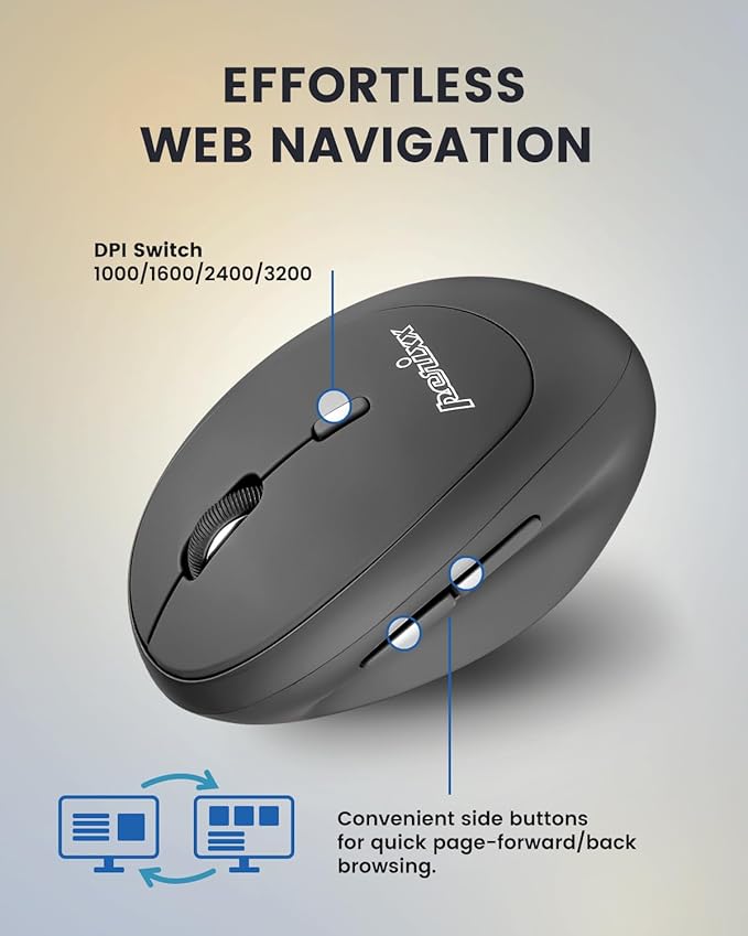 Perixx PERIMICE-719R Wireless 2.4G Rechargeable Ergonomic Mouse - Duo Wired and Cordless Charging Feature - Black