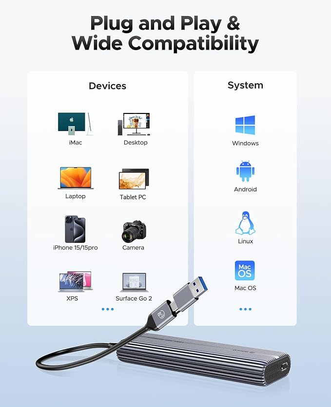 ORICO 40Gbps M.2 NVMe SSD Enclosure with Cooling Fan, Tool Free Aluminum M.2 Adapter Compatible with Thunderbolt 4/3 USB3.2/3.1/3.0/2.0, Max 8TB Capacity-ACOM2