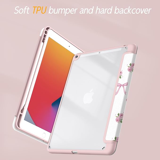 Case for iPad 9th / 8th / 7th Generation (2021/2020/2019) 10.2 inch, Case with Pencil Holder, Stand Clear Back Cover Cute Cool Design for Women Girls, Auto Sleep/Wake, Bow Rose