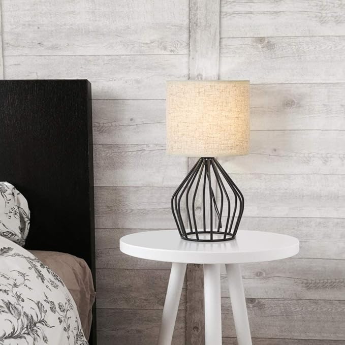 HAITRAL Black Modern Table Lamp - Minimalist Small Bedside Lamp with Hollowed Out Base Linen Fabric Shade, Vintage Nightstand Lamp for Bedroom Living Room Side Table Desk Kids Room