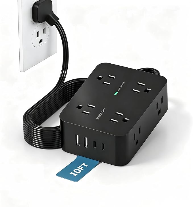10 Ft Power Strip Flat Plug, Extension Cord Surge Protector with 8 Outlets and 4 USB Ports (2 USB C), Ultra Thin Flat Wall Plug, 1080J Surge Protection, Mountable Charging Station for Dorm, Office