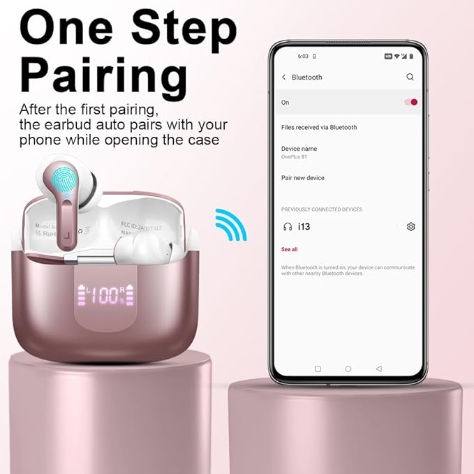 Wireless Earbud Bluetooth 5.3 Headphones, Hi-Fi Stereo Ear Buds with 4 ENC Cancelling Mics, 40H in-Ear Earphones IP7 Waterproof Sports, LED Display, Mini Headset for Laptop Pad TV Phones, Rose Gold