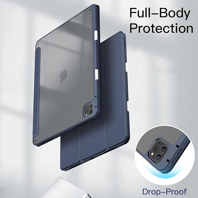 JETech Case for iPad Pro 12.9-Inch (2022/2021/2020/2018) with Pencil Holder, Clear Transparent Back Shell Slim Stand Shockproof Tablet Cover, Auto Wake/Sleep (Navy Blue)