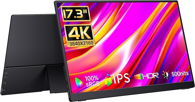 CAPERAVE 17.3" Portable Monitor 4K, 500 Nits 3840 * 2160p 100% Adobe RGB Travel Monitor with Bulit-in Kickstand & Speakers, Portable Computer Monitor, External Monitors for Laptop PC Xbox Switch PS4/5