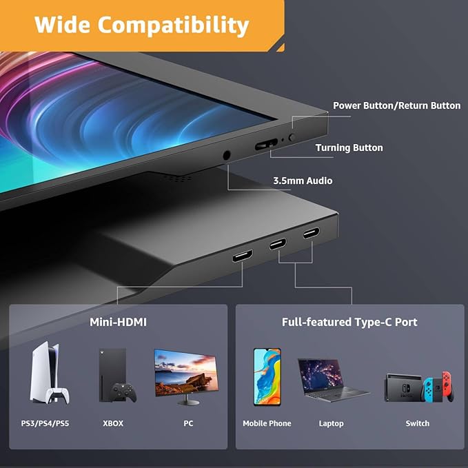 Yodoit Portable Monitor for Laptop 1920×1080 17.3" FHD Screen IPS Display with USB Type C Port, Built-in Speakers and Smart Cover Compatible with PC, MacBook, Xbox (Black)