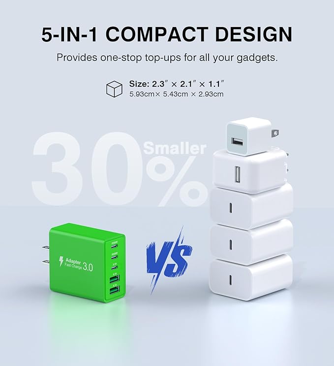 2 Pack 50W USB C Fast Charger Block,5-Port Type C Wall Charger Brick,2 USB A & 3 USB C PD3.0 Power Adapter Multiport Charging Plug Box for iPhone 13/14/15/16/17,Pad Mini/Pro, Cellphones(Green)