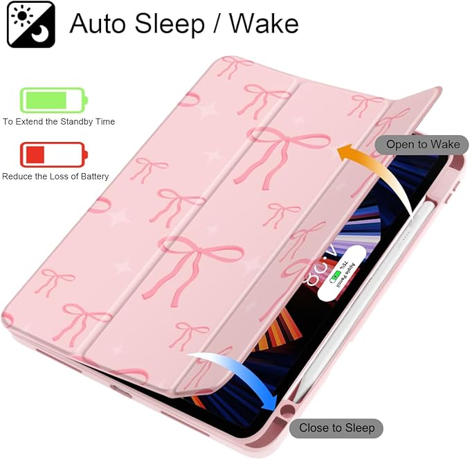 May Chen Case for iPad Pro 11-Inch M5/M4 2025/2024 (6th/5th Generation), Clear Transparent Print Back Shell Slim Stand Shockproof Tablet Cover, Auto Wake/Sleep, Pink Bows P721