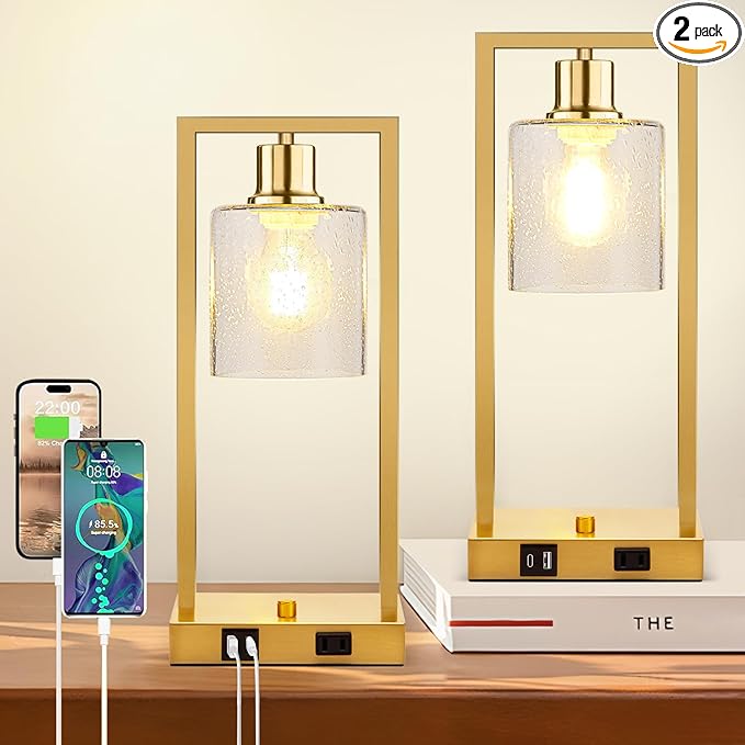 16" Desk Lamps for Home Office, Bedside Lamps with USB C+A Ports and Outlet, Gold Fully Stepless Dimmable Industrial Table Lamps with Seeded Glass Shade for Reading Living Room, LED Bulbs Included
