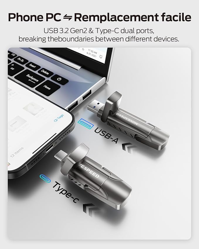 MOVE SPEED 2TB Flash Drive, External SSD with 1000MB/s Read Write Speed, USB 3.2 Gen2+Type C Dual Port Portable SSD, Thumb Drive for iPhone 15, 16, 17 Series/MacBook/Android Phone/Audio etc