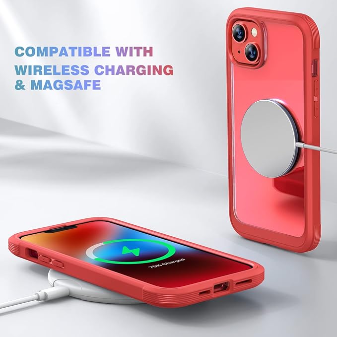 Diaclara Designed for iPhone 14 Case, Full Body Rugged Case with Built-in Touch Sensitive Anti-Scratch Screen Protector, with Camera Lens Protector for iPhone 14 6.1" (Red and Clear)