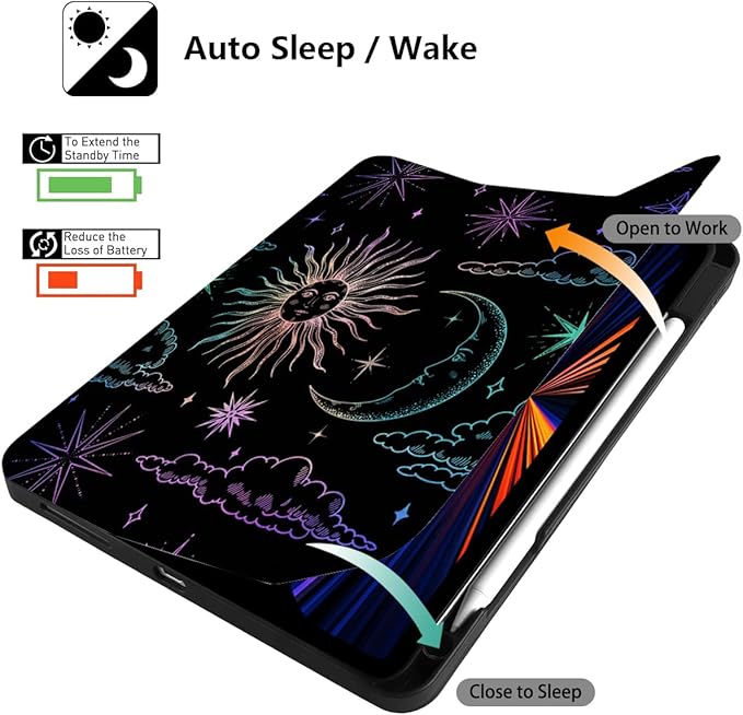 DONGKE Case for 2022/2021/2020/2018 iPad Pro 11 inch Gen 4/3/2/1 - Slim Protective Case - Built in Pencil Holder Support Charging - Trifold Stand & Sleep/Wake Cover - Sun & Moon