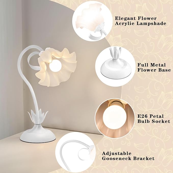 WERFOP Flower Table Lamp, LED Reading Light Vintage Bedside Table Lamp with 3 Color Modes for Nightstand, Kawaii Decoration for Home Bedroom Living Room (White)