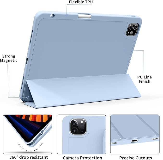 kenke Case for iPad Pro 11 Inch 4th/3rd/2nd Generation (2022/2021/2020) with Pencil Holder, Slim Trifold Smart Cover with Soft TPU Back, Support 2nd Gen Pencil Charging, Auto Sleep/Wake, Light Blue