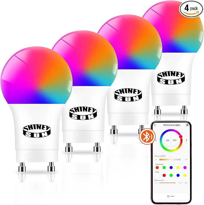 Smart LED Light Bulb GU24, A19 GU24 2 Prong Bluetooth Led Light Bulb 12W 1200LM, 2700K-6500K,Dimmable,Music Sync RGBCW Color Changing Led Lightbulbs, APP Control(Not Support Alexa), 4Pack
