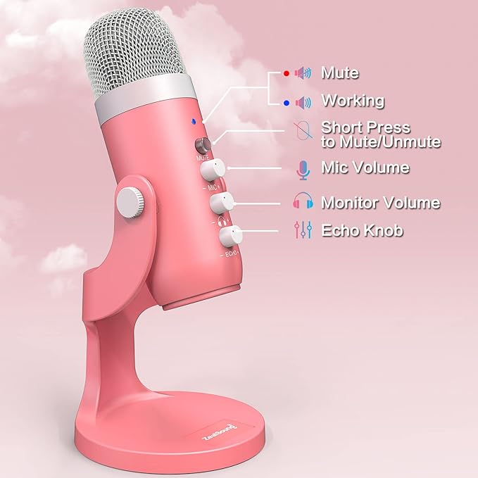 ZealSound USB Microphone,Condenser Computer Mic,Plug&Play Gaming Microphones for PS 4&5.Headphone Output&Volume Control,Mic Gain Control,Mute Button,YouTube Podcast on Mac&Windows Pearlescent Pink