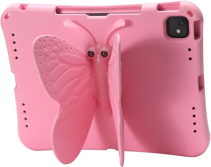 Butterfly Kids Case for iPad Air 13 Inch M3/M2 (2025/2024), iPad Pro 13 M5/M4 (2025/2024), iPad Pro 12.9 (2022/2021/2020/2018), 3D Cartoon EVA Foam Shockproof Stand Cover for Girls - Pink