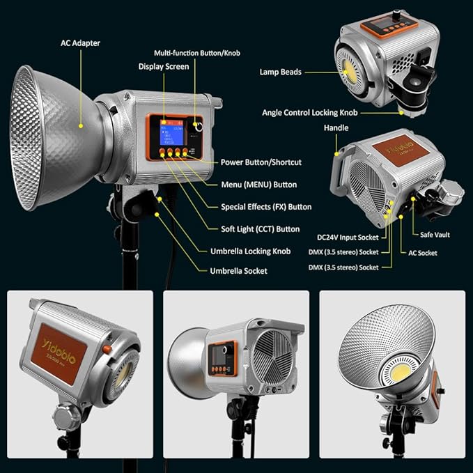 LED Spotlight Super Bright 200w2700 K6500K DMX/Custom Effects/Light Group Bowen Mount COB Light for Photography/Videography/YouTube/TikTok Content Creation Live Streaming (Gray)