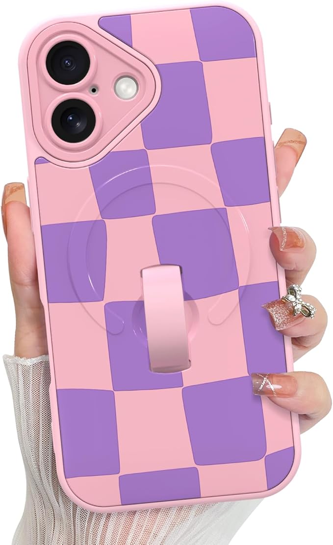 KANGHAR Compatible with iPhone 17 Case, Support for MagSafe, Silicone Checkered Cute Pattern, Wristband Kickstand Camera Protection Soft Slim Cover for Girls Women -Pink