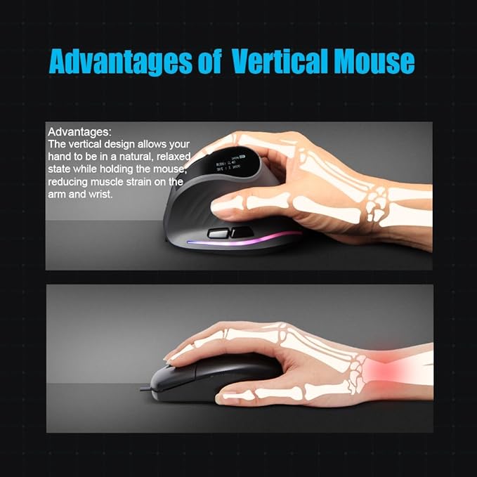 zelotes Bluetooth Wireless Vertical Mouse with Display,Rechargeable,Dual Mode (BT 5.0/3.0 + 2.4G USB Receiver),4000 DPI(5-Level Adjustable),Optical Portable Ergonomic Mouse for PC,Laptop,Tablets,Black