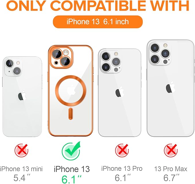 Hython Magnetic Clear for iPhone 13 Case with Camera Lens Protector [Compatible with MagSafe] Luxury Plating Edge Slim Soft TPU Cover Protective Phone Case for iPhone 13 6.1", Matte Orange