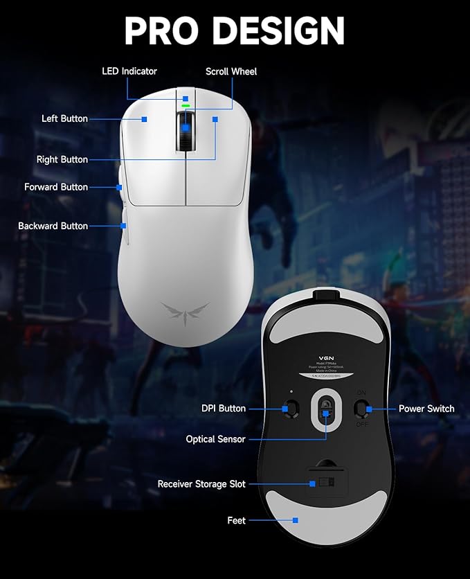 VGN Dragonfly F1 MOBA Wireless Gaming Mouse, 55g Ultralight, PAW3395 26K DPI Optical Sensor, Optimized Tactile Click Feel, Anti-Slip Silver Coating Grip, 4000Hz Polling Supported, Esports Mouse, White