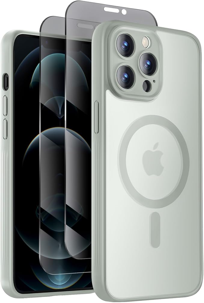 Symcele Designed for iPhone 12 Pro Max Case, Compatible with MagSafe, with Privacy Screen Protectors X2, [Camera Protection] [15FT Military Drop Protection] Shockproof Phone Case, 6.7", Calke Green