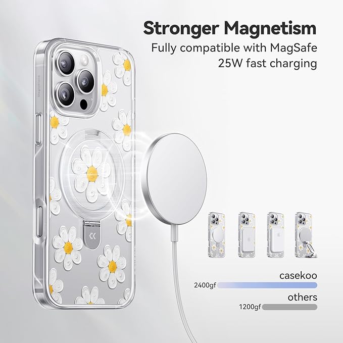 CASEKOO Floral Series Oil Painting Daisy for iPhone 15 Pro Case with Magnetic Ring Stand [Compatible with MagSafe] [Military-Grade Protection] Fashion Clear Back, Soft Edge, for Women