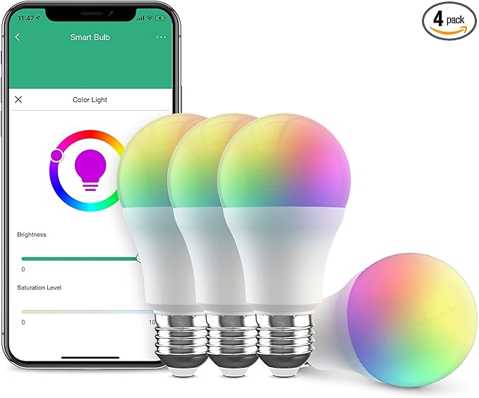 Broadlink Smart Bulb, 10W RGB Dimmable Wi-Fi LED Smart Light Bulbs Color Changing A19 800lm, Works with Alexa, Google Home, Siri and IFTTT, No Hub Required (4-Pack)