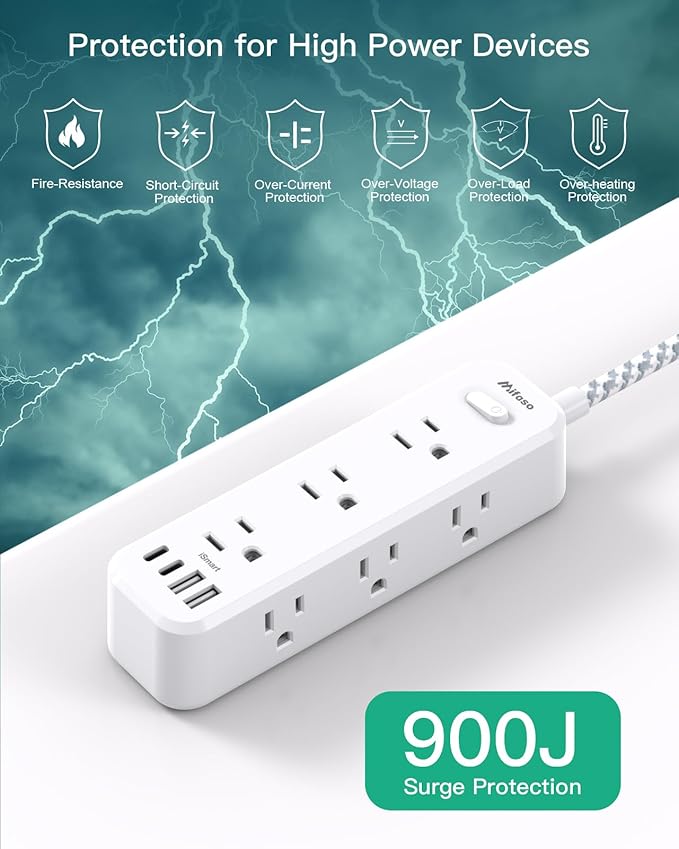 Mifaso Extension Cord, Surge Protector Power Strip, Long Power Strip with 9 Outlets 4 USB Ports, Extension Cord with Multiple Outlets, USB Power Strip for Dorm Room Essentials, College(15FT, White)