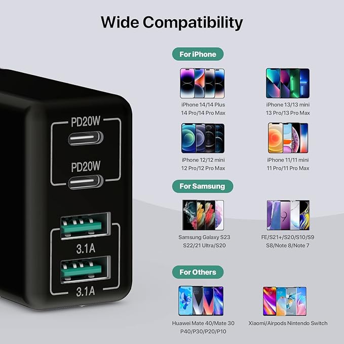 sccvee [2 Pack] USB C Wall Charger, 40W 4-Port USB C Charger Block,Fast Charging Block Dual Port PD+QC Wall Plug Multiport Type C Compatible with iPhone 14/13/12/Pro Max/XS/XR/8,Tablet(Black)