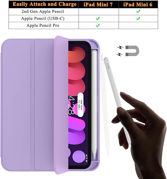 Soke Case for iPad mini 7(A17 Pro) 2024/iPad Mini 6 2021 8.3 inch with Pencil Holder-[Pencil Charging + Auto Wake/Sleep], Soft TPU Back Cover for iPad mini 7th/6th Generation(Lilac)