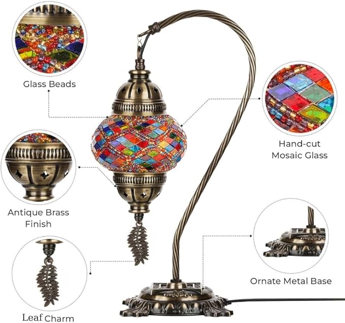 DEMMEX Turkish Moroccan Mosaic Table Lamp – Handcrafted Tiffany-Style Colorful Glass Swan Neck Bedside, Desk, Table Light, Boho Artisan Accent Lighting for Bedroom or Living Room – 15" H, Turquoise