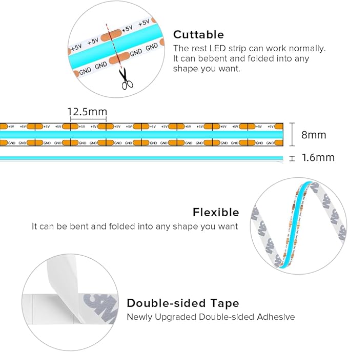 BTF-LIGHTING FCOB COB FOB LED Strip Lights 5V USB Powered 3.28FT 320LEDs Ice Blue 8mm Width Dimmable CRI 90+ with 3M Tape Flexible High Density for 3D Printer TV Backlight PC DIY Decor