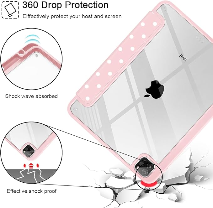 Tuiklol for iPad Pro 11 Inch 4th / 3rd / 2nd / 1st Gen (2022 2021 2020 2018) Case -Built-in Pencil Holder Shockproof Cover Clear Transparent Back Shell with Auto Wake/Sleep, Spot-Pink